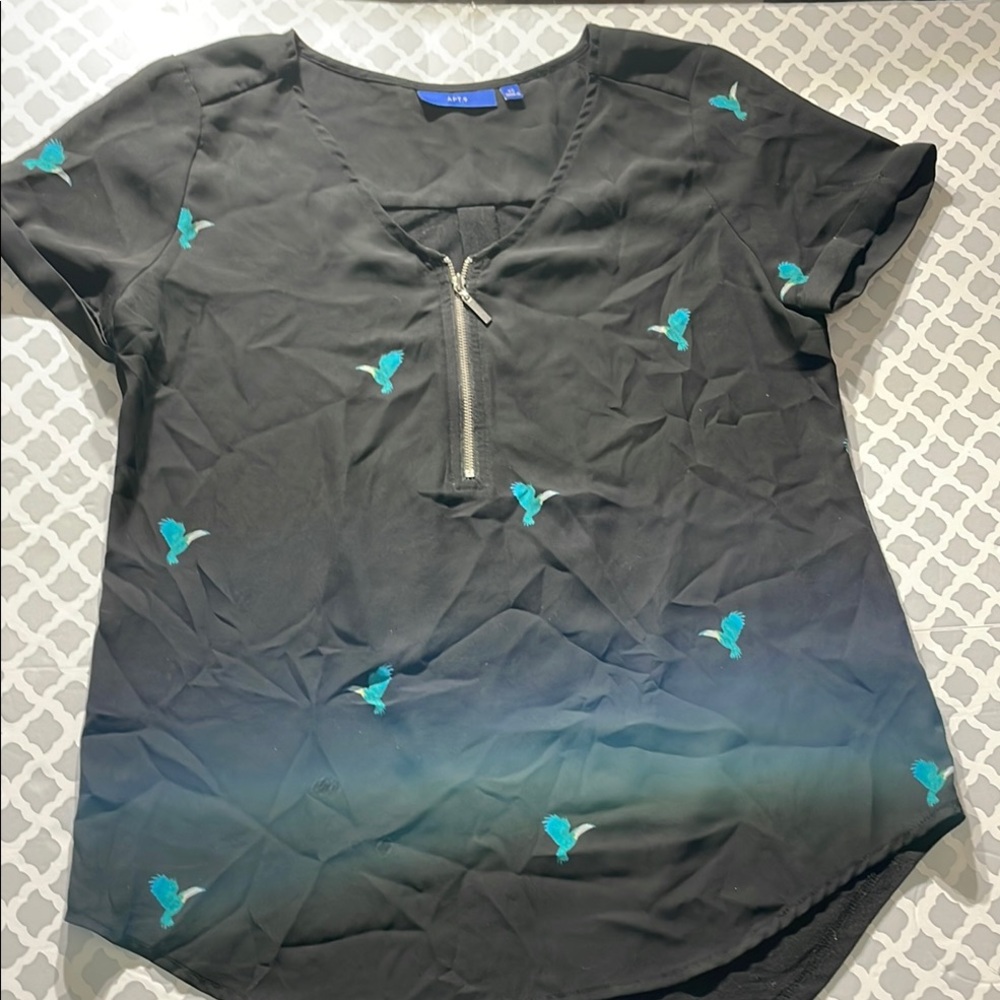 Black Top with Teal Bird Embroidery